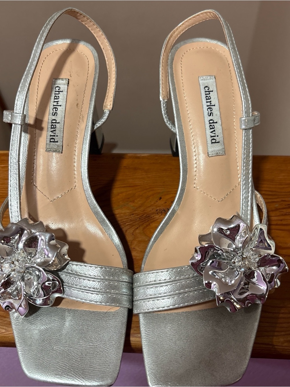 Charles David Silver Block Heel Sandals with Floral Ornament